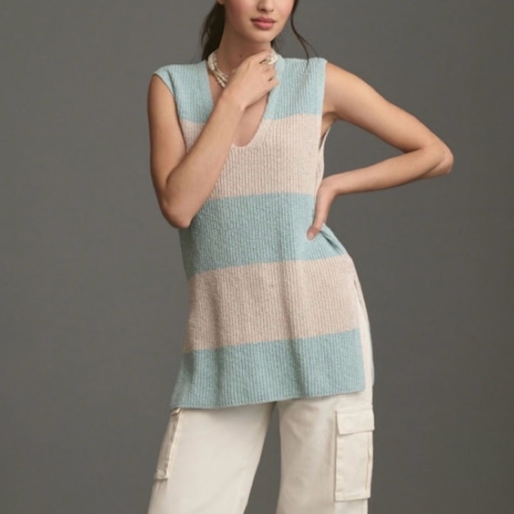 Pilcro Striped V-Neck Sleeveless Sweater in Mint and Beige